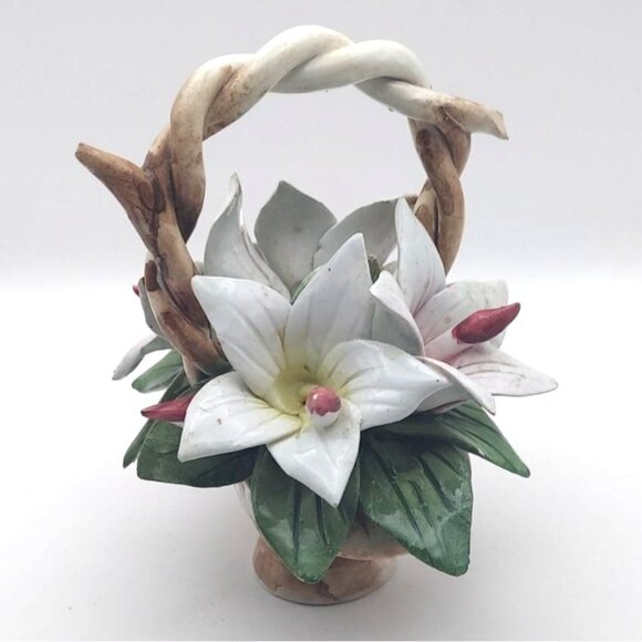 Vintage Capodimonte Porcelain Floral Twisted Handle Basket Lillies Celani Italy - Picture 4 of 7